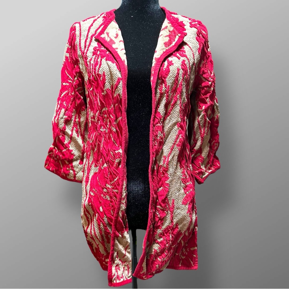 Chico’s Travelers Collection Open Front Cardigan Red Tan Textured Sz 1 Layering